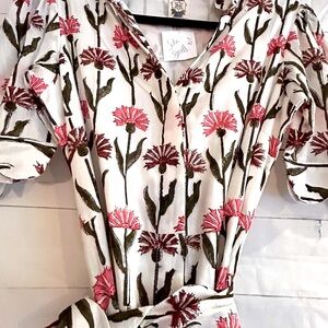 Floral block Print White and Pink belted Dress NWT size small